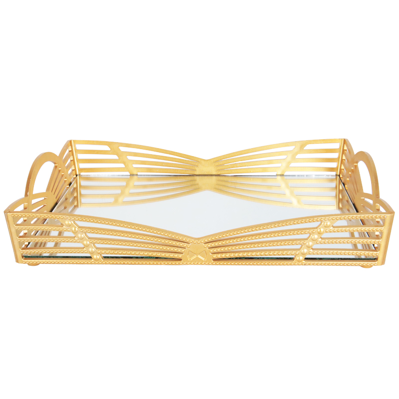 PLATEAU DECO PLASTIQUE ET MIRROIR 32X20 CM MODELE OR
