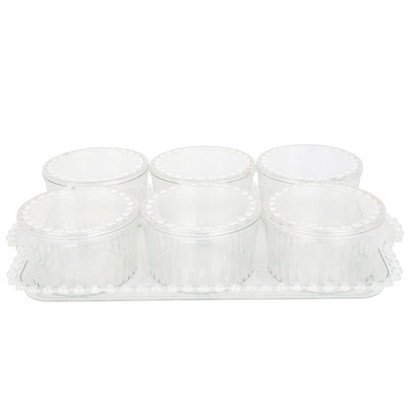 SET PETIT DEJEUNER : PLATEAU + 6 POTS EN CRYSTAL PLASTIQUE TRANSPARENT 34X21X6 CM
