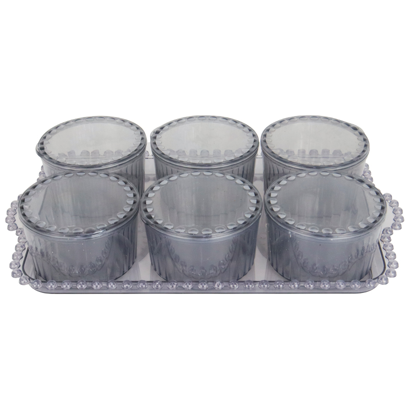 SET PETIT DEJEUNER : PLATEAU + 6 POTS EN CRYSTAL PLASTIQUE MAT 34X21X6 CM