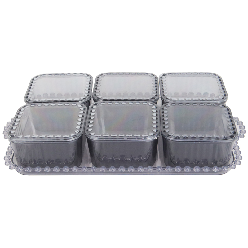 SET PETIT DEJEUNER : PLATEAU + 6 POTS EN CRYSTAL PLASTIQUE MAT 33X20X6 CM