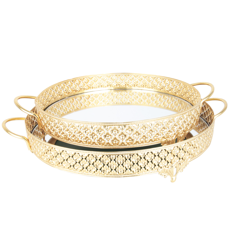 SET 2 PLATEAUX DECO METAL ROND AVEC POIGNEE. 30 CM / 35 CM MODELE OR