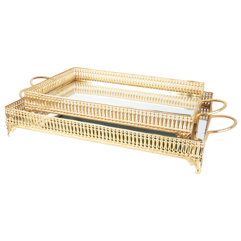 SET 2 PLATEAUX DECO METAL RECTANGULAIRE 37*25 &amp; 43*32 CM MODELE OR