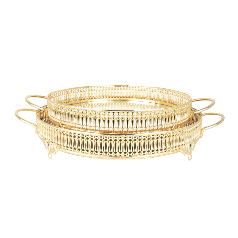 SET 2 PLATEAUX DECO METAL ROND 30 &amp; 35 CM MODELE OR