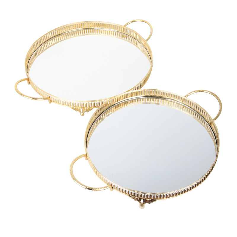 SET 2 PLATEAUX DECO METAL ROND 30 &amp; 35 CM MODELE OR