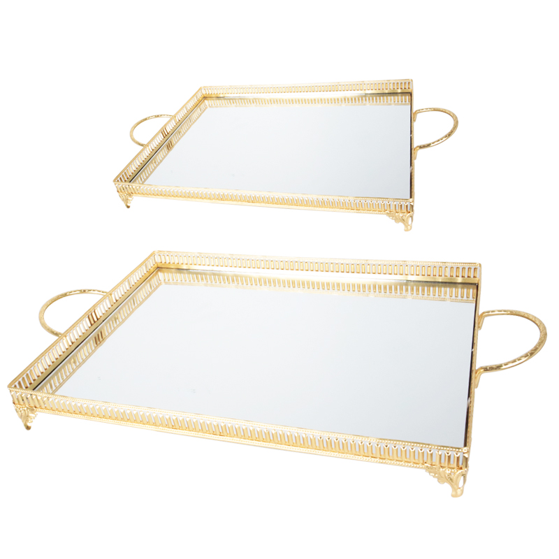 SET 2 PLATEAUX DECO METAL RECTANGULAIRE 37*25 &amp; 43*32 CM MODELE OR