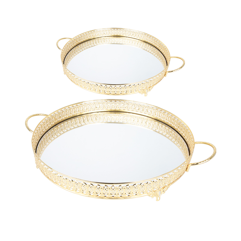 SET 2 PLATEAUX DECO METAL ROND 30 &amp; 35 CM MODELE OR