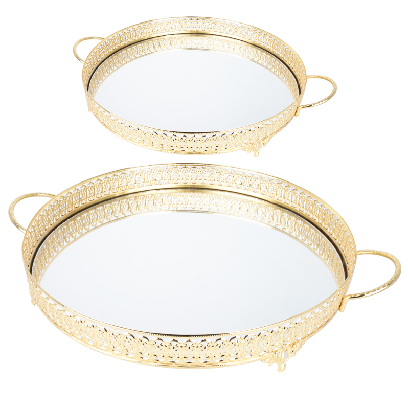 SET 2 PLATEAUX DECO METAL ROND 35 &amp; 40 CM MODELE OR
