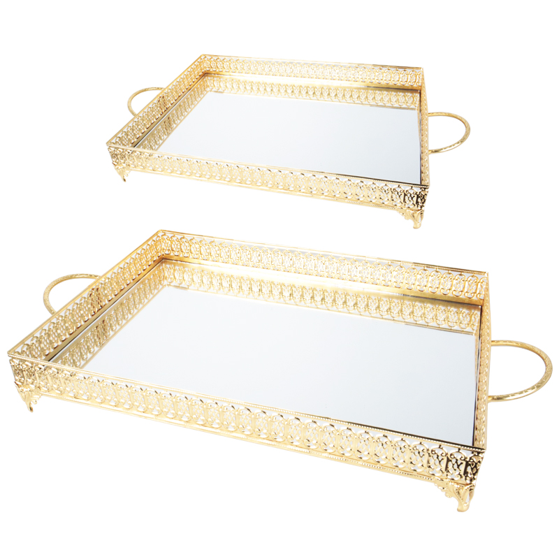 SET 2 PLATEAUX DECO METAL RECTANGULAIRE 37X24 / 43X31 CM MODELE OR