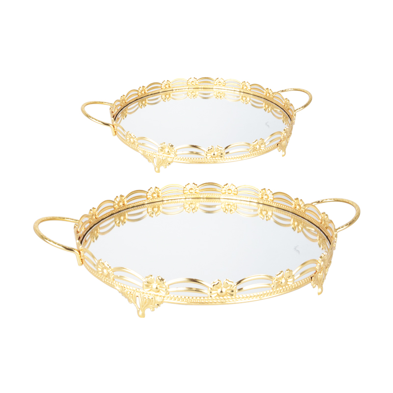SET 2 PLATEAUX DECO METAL ROND 30 &amp; 35 CM MODELE OR