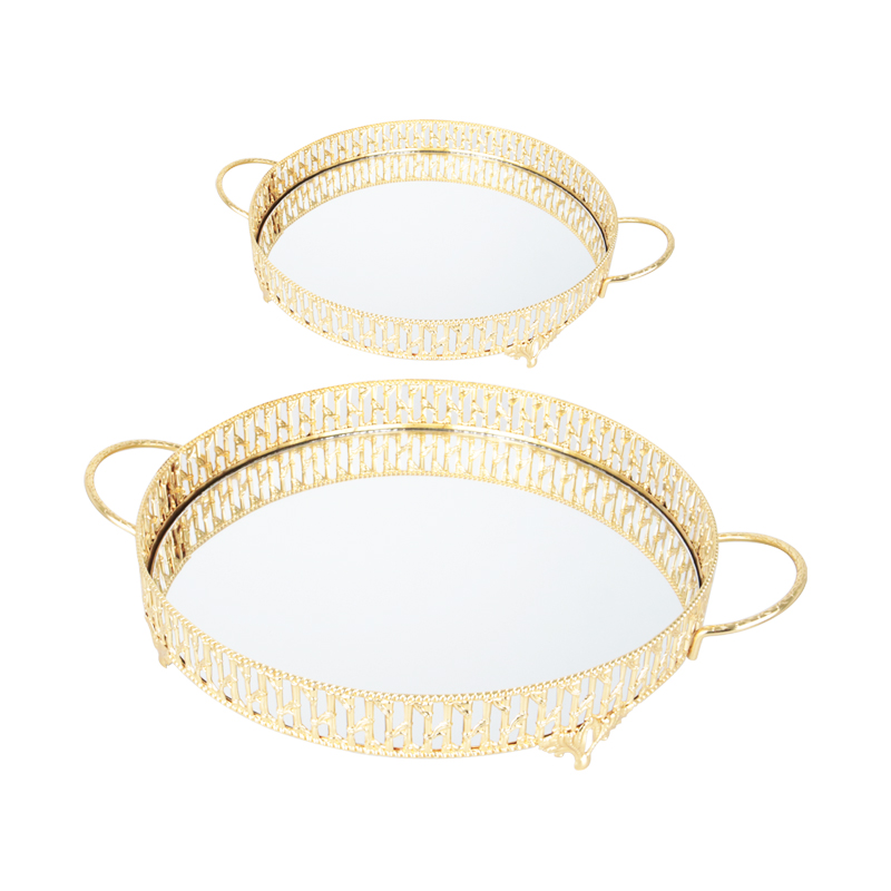 SET 2 PLATEAUX DECO METAL ROND 30 &amp; 35 CM MODELE OR
