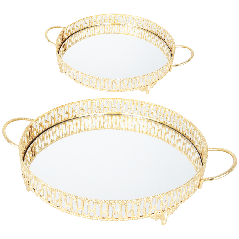 SET 2 PLATEAUX DECO METAL ROND 35 &amp; 40 CM MODELE OR