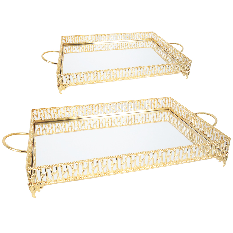 SET 2 PLATEAUX DECO METAL RECTANGULAIRE 37X24 / 43X31 CM MODELE OR