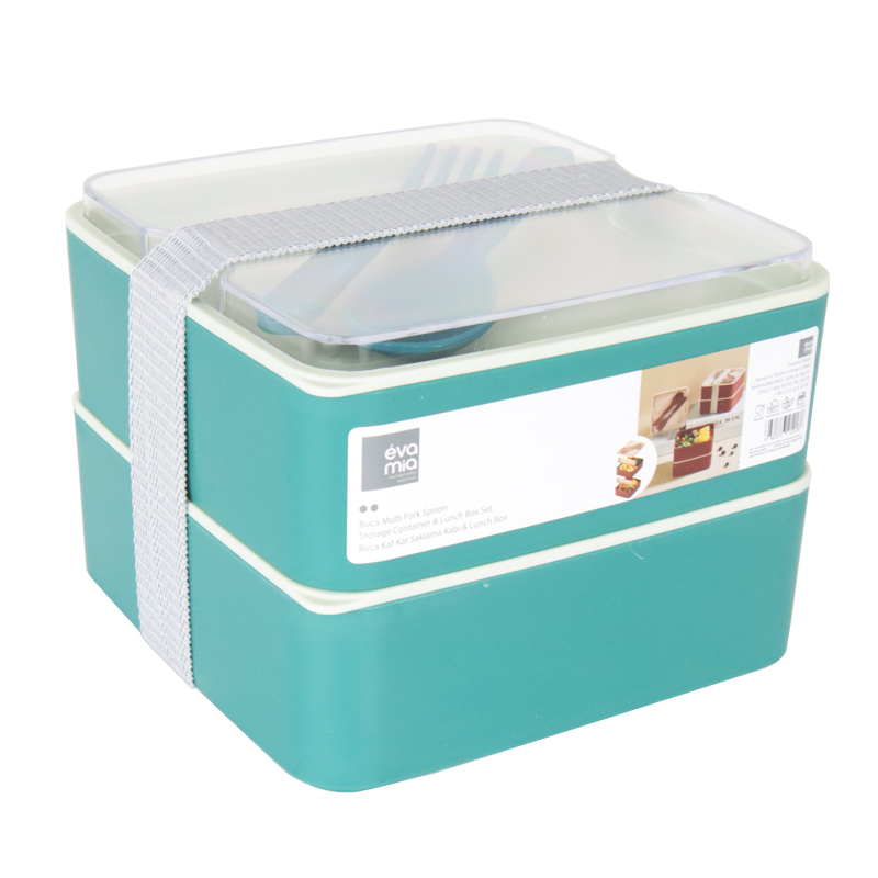 BOITE A DEJEUNER 2 NIVEAUX AVEC FOURCHETTE + CUILLERE 11X19X10,5 CM MIX ROSE/VIOLET