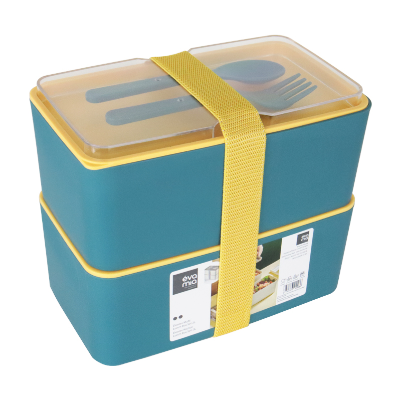 BOITE A DEJEUNER 2 NIVEAUX AVEC FOURCHETTE + CUILLERE 11X19X10,5 CM MIX VERT/VIOLET