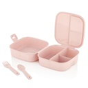 BOITE A DEJEUNER AVEC CUILLERE + FOURCHETTE 14X14X9 CM MIX ROSE/BLEU/ROUGE/BEIGE