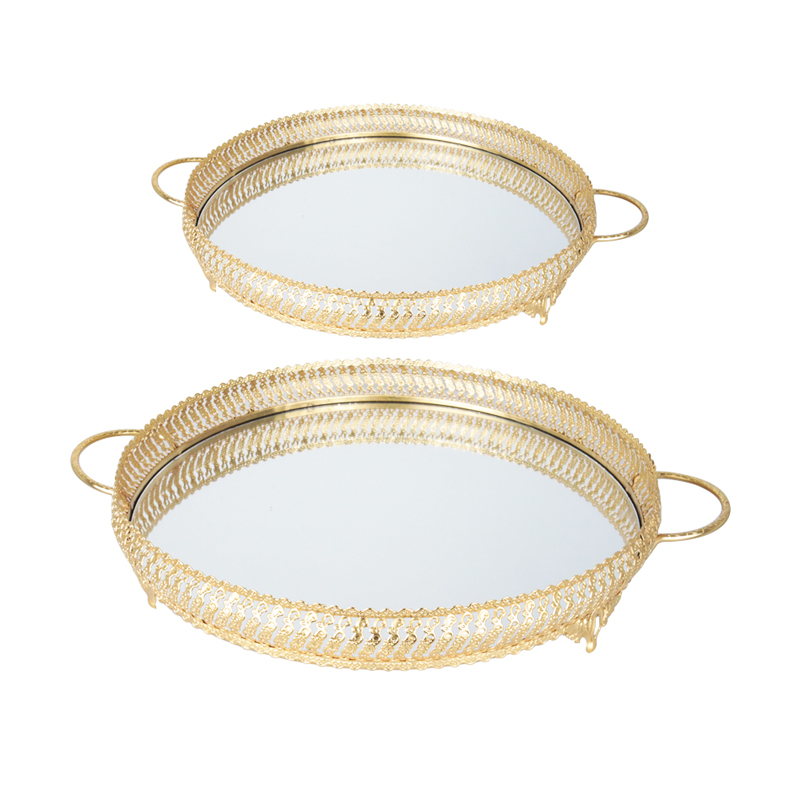SET 2 PLATEAUX DECO METAL ROND 30 &amp; 35 CM MODELE OR