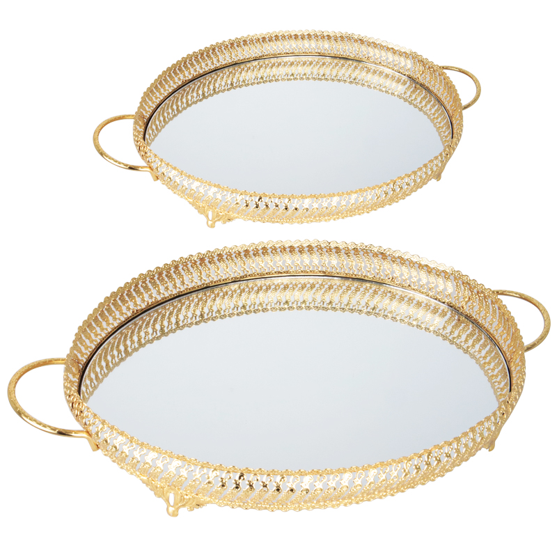 SET 2 PLATEAUX DECO METAL OVAL 35*26 &amp; 42*33 CM MODELE OR