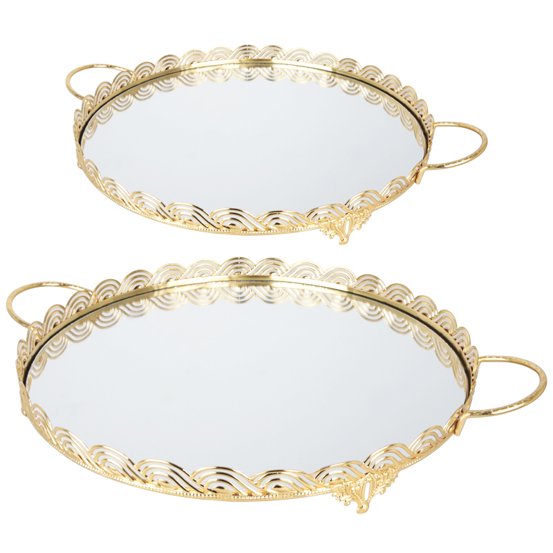 SET 2 PLATEAUX DECO METAL ROND 35 &amp; 40 CM MODELE OR