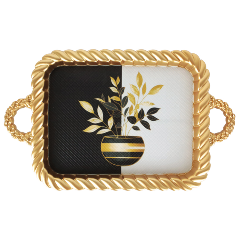 PLATEAU DECO PLASTIQUE RECTANGULAIRE AVEC POIGNEE 47X28 CM MODELE OR DESIGN MIX