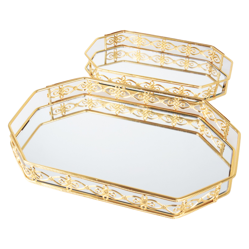 SET 2 PLATEAUX DECO METAL OCTOGONAL 31*18 &amp; 38*24 CM MODELE OR