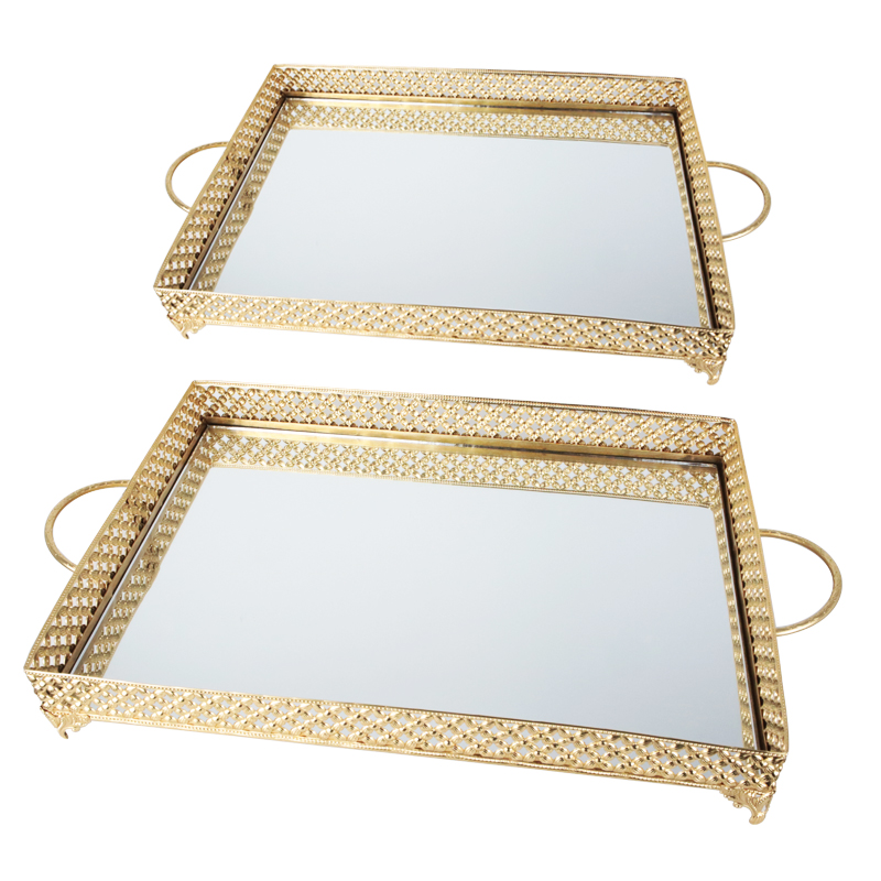 SET 2 PLATEAUX DECO METAL RECTANGULAIRE 37*25 &amp; 43*32 CM MODELE OR