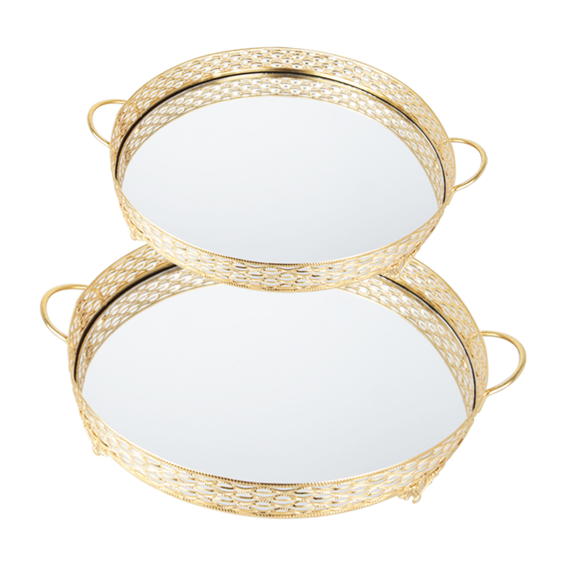 SET 2 PLATEAUX DECO METAL ROND 30 &amp; 35 CM MODELE OR