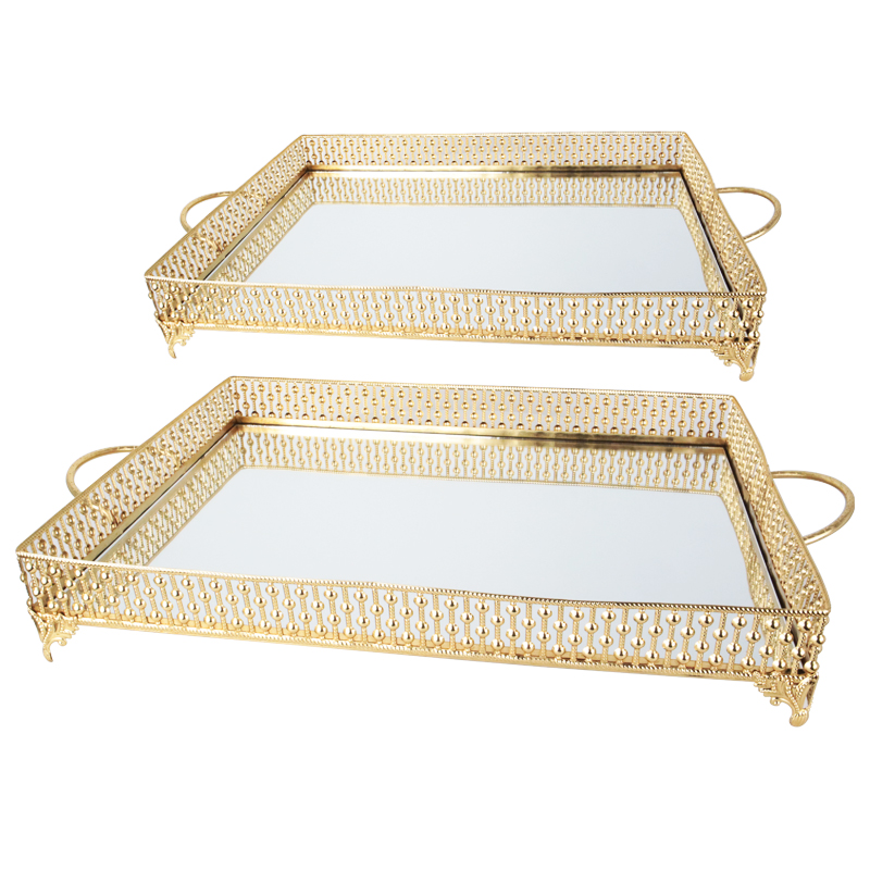 SET 2 PLATEAUX DECO METAL RECTANGULAIRE 37*25 &amp; 43*32 CM MODELE OR
