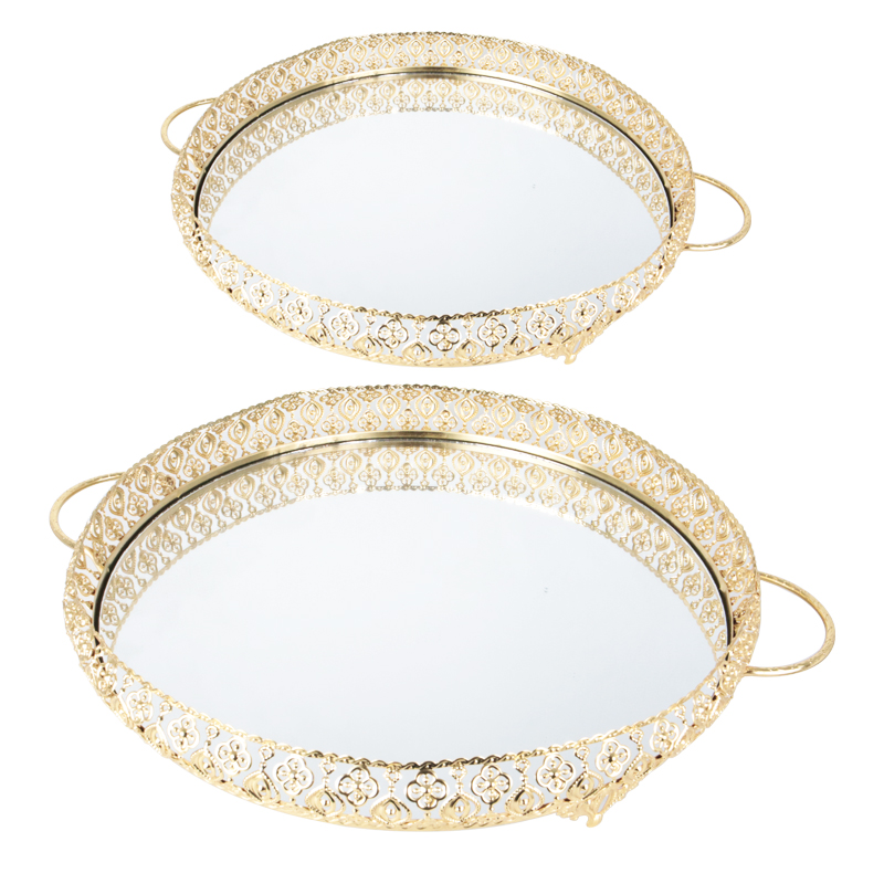 SET 2 PLATEAUX DECO METAL ROND 35 &amp; 40 CM MODELE OR