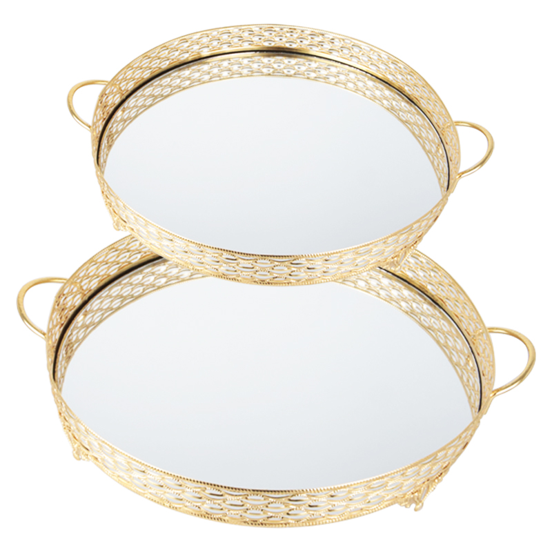 SET 2 PLATEAUX DECO METAL ROND 35 &amp; 40 CM MODELE OR