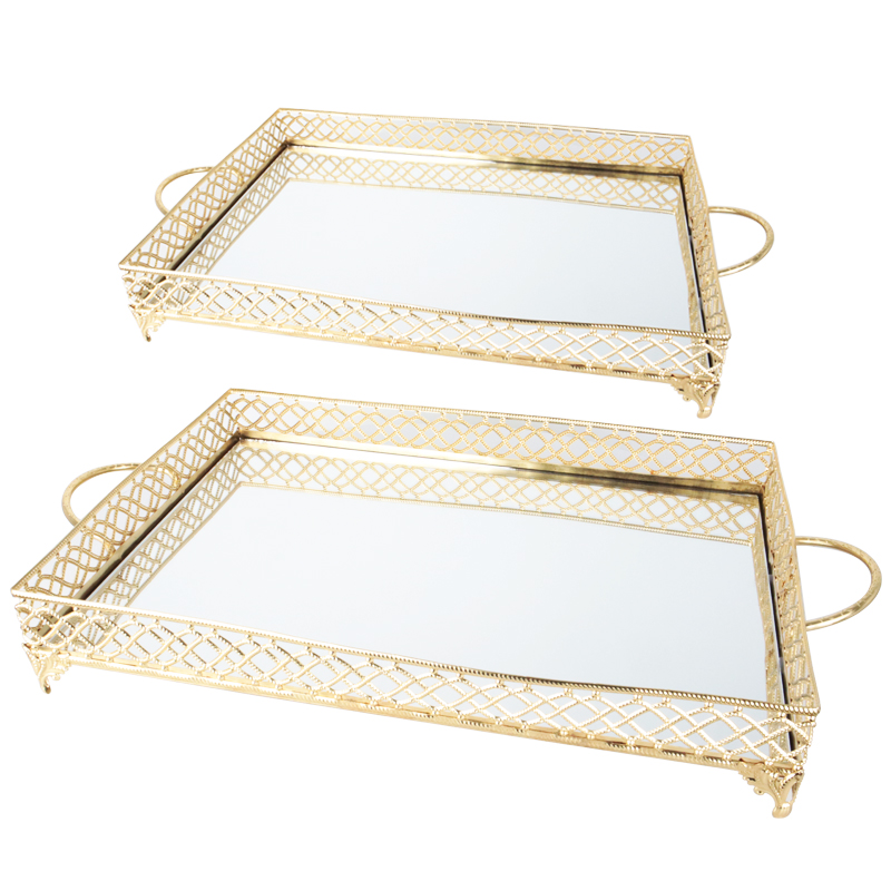 SET 2 PLATEAUX DECO METAL RECTANGULAIRE 37*25 &amp; 43*32 CM MODELE OR