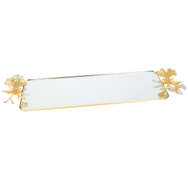 PLATEAU DECO MIRROIR POIGNEE PAPILLON 50X13 CM MODELE OR