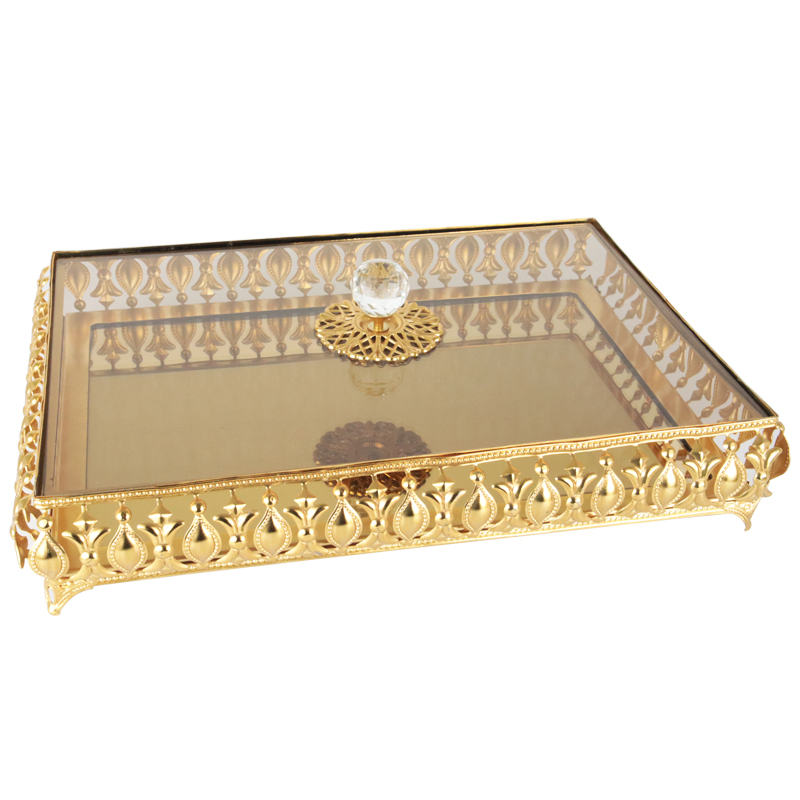 PLATEAU PRESENTOIR DECO METAL AVEC COUVERCLE EN VERRE 38X27X7 CM MODELE OR