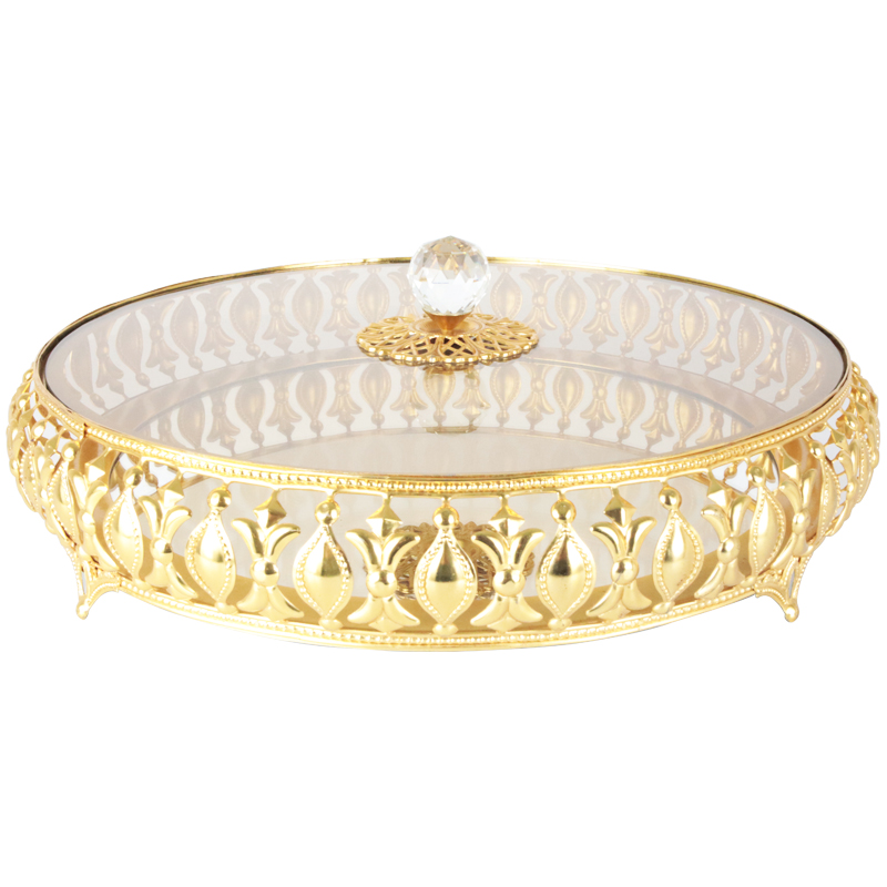 PLATEAU PRESENTOIR DECO METAL ROND AVEC COUVERCLE EN VERRE 33X7 CM MODELE OR