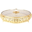 PLATEAU PRESENTOIR DECO METAL ROND AVEC COUVERCLE EN VERRE 33X7 CM MODELE OR