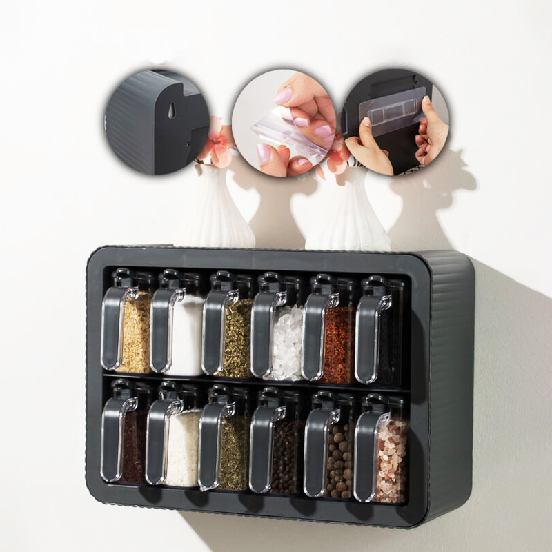 SET EPICE 12 PIECES AVEC SUPPORT MURAL (ADHESIF OU VICES) 33X23X15 CM PLASTIQUE COULEUR NOIR