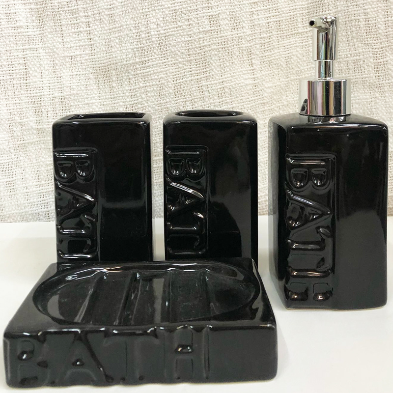 SET SALLE DE BAIN CERAMIQUE 4 PIECES MIX BLANC / NOIR / MARRON