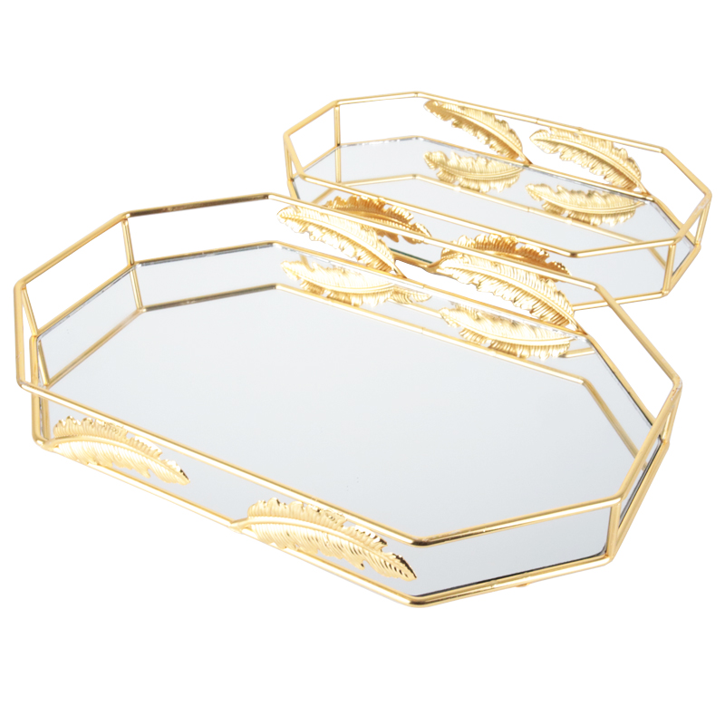 SET 2 PLATEAUX DECO METAL OCTOGONAL MODELE OR