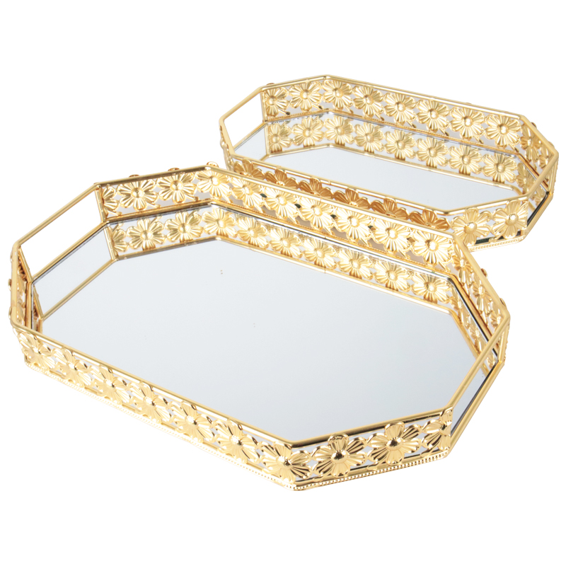 SET 2 PLATEAUX DECO METAL OCTOGONAL 18X31 CM &amp; 24X38 CM MODELE OR