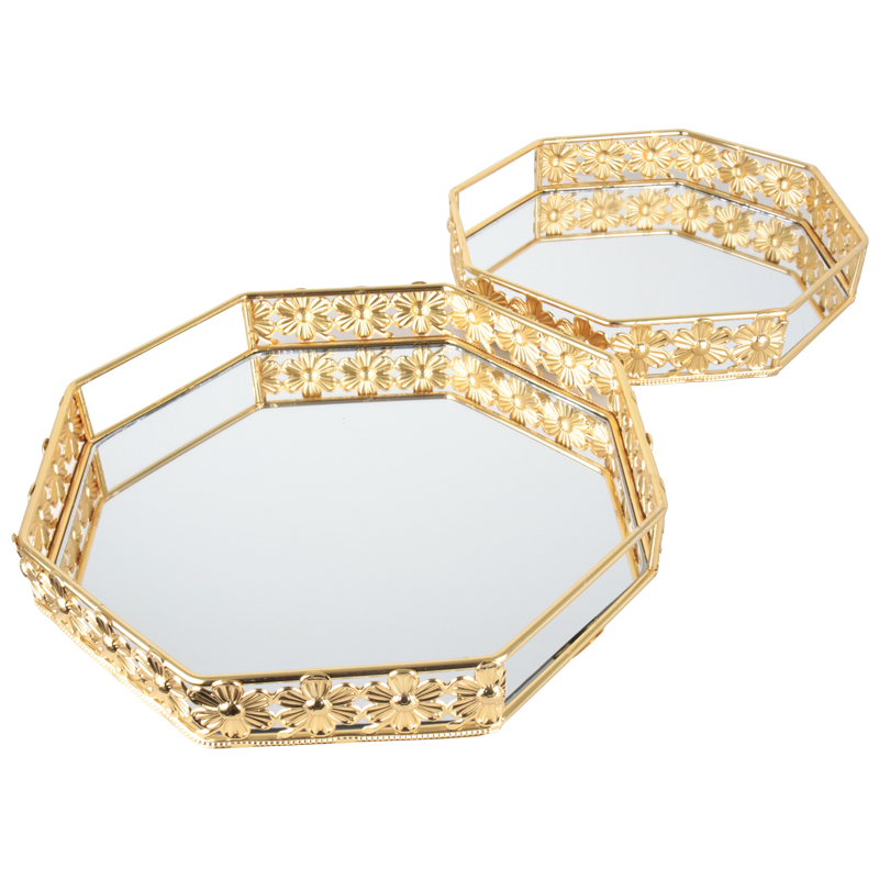 SET 2 PLATEAUX DECO METAL OCTOGONAL 25X25 CM &amp; 30X30 CM MODELE OR