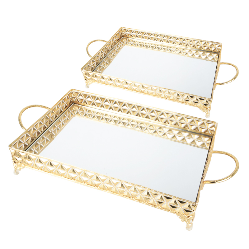 SET 2 PLATEAUX DECO METAL RECTANGULAIRE MODELE OR