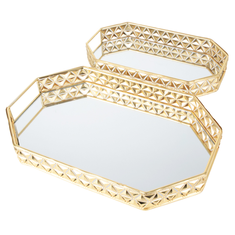 SET 2 PLATEAUX DECO METAL OCTOGONAL 31X18 &amp; 38X24 CM MODELE OR