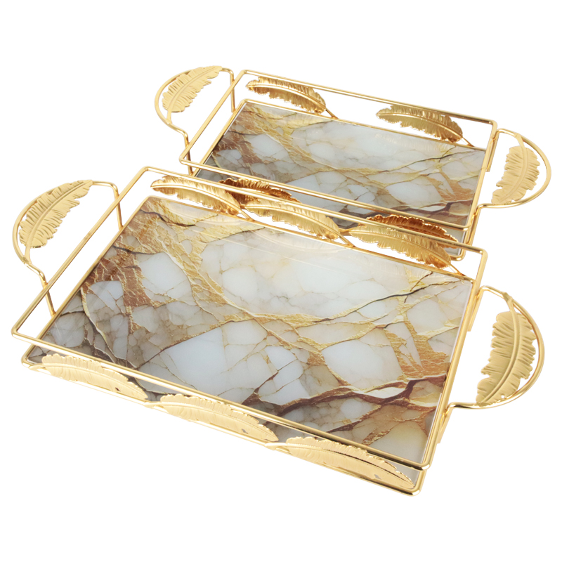 SET 2 PLATEAUX DECO METAL RECTANGULAIRE MODELE OR DESIGN MARBRE 