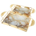 SET 2 PLATEAUX DECO METAL RECTANGULAIRE MODELE OR DESIGN MARBRE 