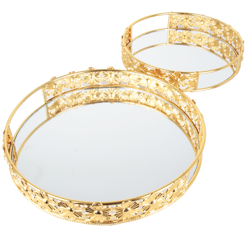 SET 2 PLATEAUX DECO METAL ROND 25 CM &amp; 30 CM MODELE OR