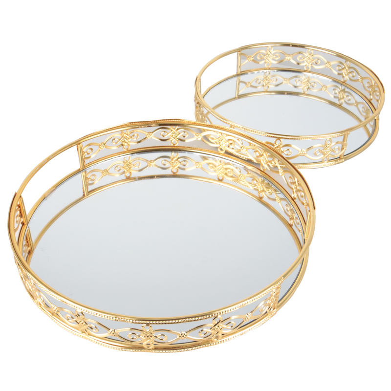 SET 2 PLATEAUX DECO METAL ROND 25 CM &amp; 30 CM MODELE OR