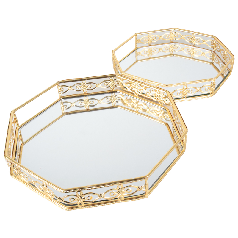 SET 2 PLATEAUX DECO METAL OCTOGONAL 25X25 CM &amp; 30X30 CM MODELE OR
