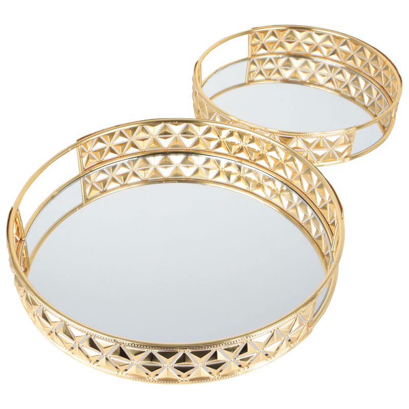 SET 2 PLATEAUX DECO METAL ROND 25 CM &amp; 30 CM MODELE OR