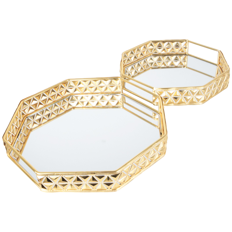 SET 2 PLATEAUX DECO METAL OCTOGONAL 25X25 CM &amp; 30X30 CM MODELE OR