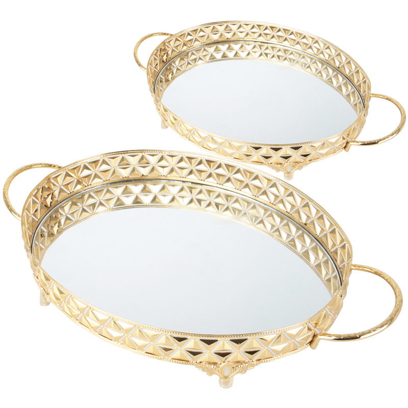 SET 2 PLATEAUX DECO METAL OVAL 35*26 &amp; 42*33 CM MODELE OR