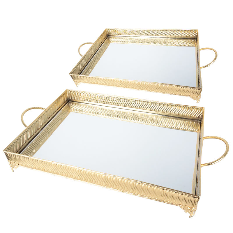 SET 2 PLATEAUX DECO METAL RECTANGULAIRE 37*25 &amp; 43*32 CM MODELE OR